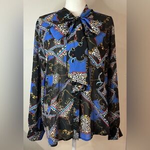 KUT Women’s Long Sleeves Bow Blouse Crepe Chiffon Black Multicolor Sz L NWT